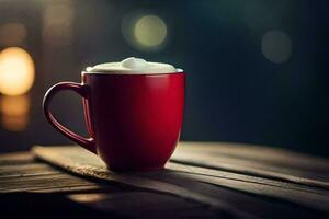 ein rot Tasse von Kaffee auf ein hölzern Tisch. KI-generiert foto