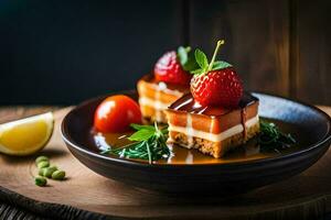 ein Teller mit ein Scheibe von Kuchen und Erdbeeren. KI-generiert foto