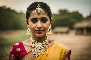 ein schön jung Frau im ein traditionell Sari. KI-generiert foto