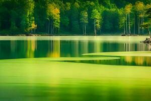 ein Grün See umgeben durch Bäume und Wald. KI-generiert foto