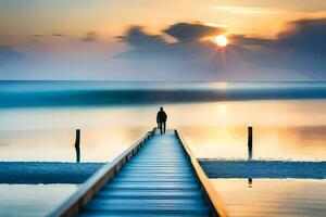 ein Mann steht auf ein Seebrücke suchen aus beim das Ozean. KI-generiert foto