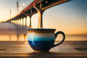 ein Kaffee Tasse sitzt auf ein hölzern Tabelle im Vorderseite von ein Brücke. KI-generiert foto