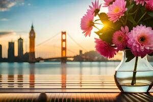 Blumen im ein Vase auf ein Tabelle mit ein Aussicht von das golden Tor Brücke. KI-generiert foto