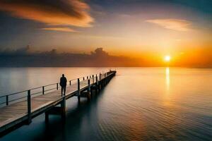 ein Mann Spaziergänge entlang ein Seebrücke beim Sonnenuntergang. KI-generiert foto