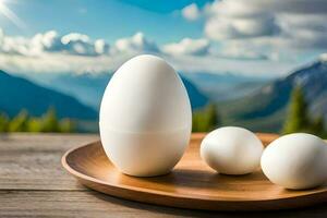 Eier auf ein Teller mit Berge im das Hintergrund. KI-generiert foto