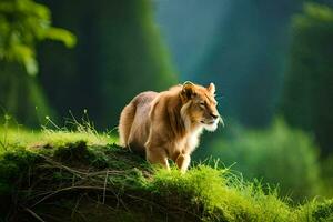 ein Löwe ist Gehen im das Gras auf ein hügel. KI-generiert foto