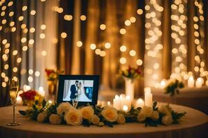 Hochzeit Foto Rahmen mit Kerzen und Blumen. KI-generiert