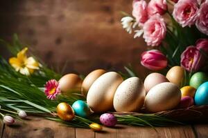 Ostern Eier, Tulpen und Blumen auf ein hölzern Tisch. KI-generiert foto