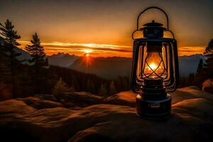 ein Laterne ist zündete oben auf ein Berg beim Sonnenuntergang. KI-generiert foto