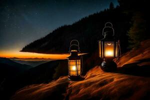 Laternen auf das Berg beim Nacht. KI-generiert foto