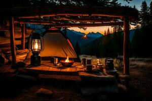 ein Lagerfeuer und ein Zelt im das Wald beim Sonnenuntergang. KI-generiert foto
