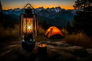 ein Camping Laterne und ein Zelt sind einstellen oben auf ein Felsen im das Mitte von ein Berg. KI-generiert foto