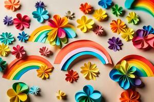 bunt Papier Blumen und Regenbogen auf ein Beige Hintergrund. KI-generiert foto