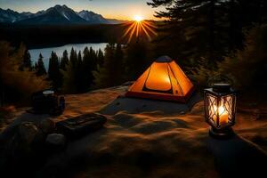 das Sonne setzt Über das Berge und ein Lagerfeuer ist zündete. KI-generiert foto