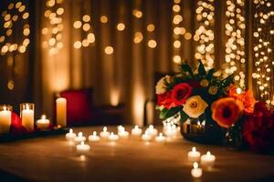 Kerzen und Blumen sind einstellen auf ein Tabelle im Vorderseite von ein Vorhang. KI-generiert foto