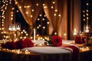 rot Rosen und Kerzen auf ein Tabelle zum ein romantisch Abendessen. KI-generiert foto