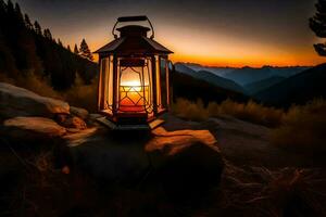 ein Laterne ist zündete oben auf ein Felsen im das Berge. KI-generiert foto