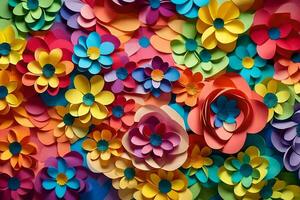 bunt Papier Blumen sind vereinbart worden im ein Muster. KI-generiert foto