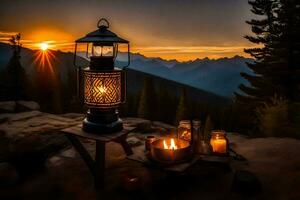 ein Laterne und Kerzen sitzen auf ein Felsen mit Blick auf das Berge. KI-generiert foto