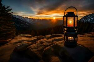 ein Laterne ist zündete auf ein Berg beim Sonnenuntergang. KI-generiert foto