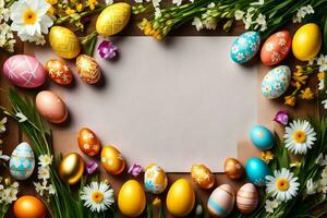 Ostern Eier und Blumen auf ein hölzern Hintergrund. KI-generiert foto