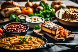 ein Vielfalt von Essen ist angezeigt auf ein Tisch. KI-generiert foto