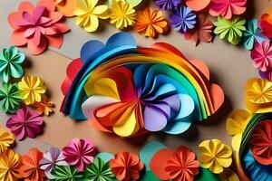 bunt Papier Blumen vereinbart worden im ein Regenbogen Muster. KI-generiert foto