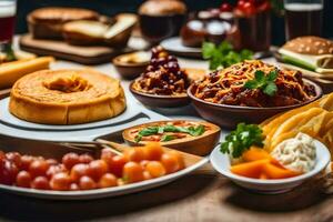 ein Tabelle mit verschiedene Lebensmittel einschließlich brot, Käse, Fleisch und Gemüse. KI-generiert foto