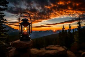 ein Laterne ist zündete oben im das Berge beim Sonnenuntergang. KI-generiert foto