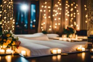 ein Bett mit Kerzen und Beleuchtung im das Hintergrund. KI-generiert foto