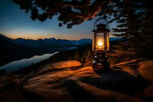 ein Laterne auf ein Felsen im Vorderseite von ein See beim Nacht. KI-generiert foto