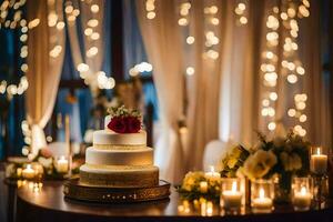ein Hochzeit Kuchen ist auf ein Tabelle mit Kerzen und Beleuchtung. KI-generiert foto
