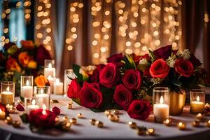 rot Rosen und Kerzen auf ein Tabelle mit Beleuchtung. KI-generiert foto