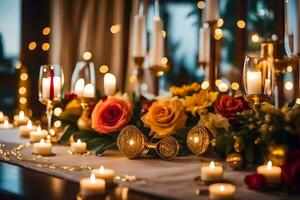 ein Tabelle mit Kerzen und Blumen auf Es. KI-generiert foto
