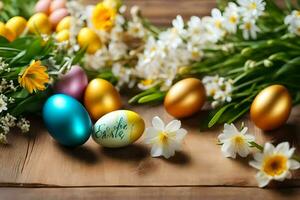 Ostern Eier und Blumen auf ein hölzern Tisch. KI-generiert foto