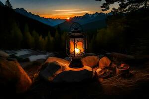 ein Laterne zündete oben im das Berge beim Sonnenuntergang. KI-generiert foto