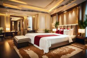 ein groß Hotel Zimmer mit ein Bett und ein rot und Weiß Tagesdecke. KI-generiert foto