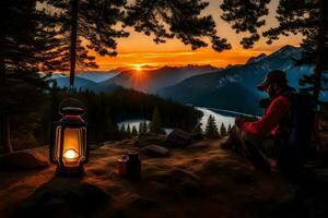 das Mann ist Sitzung auf das Kante von das Berg mit ein Laterne und ein Aussicht von das Sonnenuntergang. KI-generiert foto