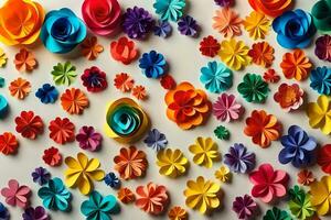 ein Mauer von bunt Papier Blumen. KI-generiert foto