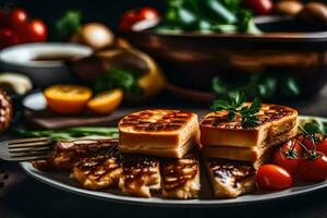 ein Teller von Essen mit gegrillt Tofu und Gemüse. KI-generiert foto