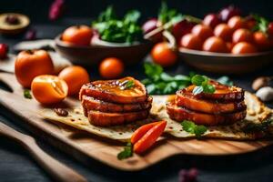 gegrillt Schweinefleisch Koteletts mit Tomaten und Kräuter auf ein Schneiden Tafel. KI-generiert foto