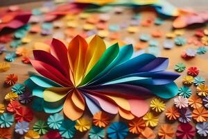 ein bunt Papier Blume Anordnung auf ein Tisch. KI-generiert foto