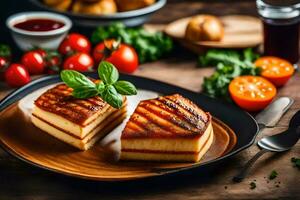 zwei Scheiben von Käse Kuchen auf ein Teller mit Tomaten und andere Zutaten. KI-generiert foto