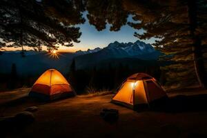 Zelte im das Berge beim Sonnenuntergang. KI-generiert foto