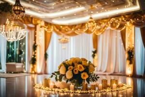 ein Hochzeit Rezeption mit Gold und Weiß Dekorationen. KI-generiert foto