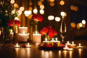 Kerzen und Blumen sind vereinbart worden auf ein Tisch. KI-generiert foto