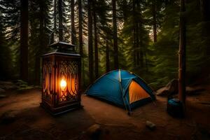 ein Zelt und Laterne im das Wald beim Nacht. KI-generiert foto