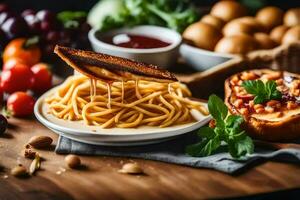 Spaghetti mit Soße und Brot auf ein hölzern Tisch. KI-generiert foto