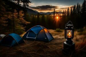 das Sonne setzt Über das Berge und das Lagerfeuer ist zündete. KI-generiert foto