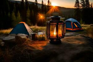 Camping Laterne und Zelt im das Berge. KI-generiert foto